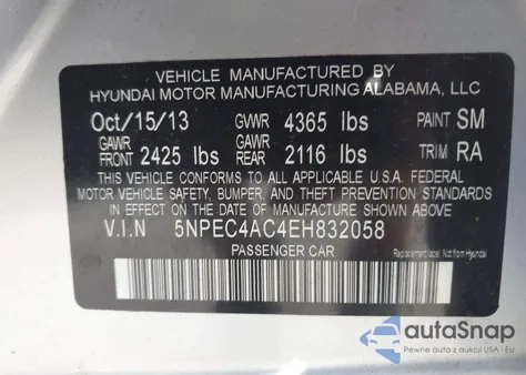 2014 Hyundai Sonata Limited z USA, uszkodzony, nr VIN 5NPEC4AC4EH832058